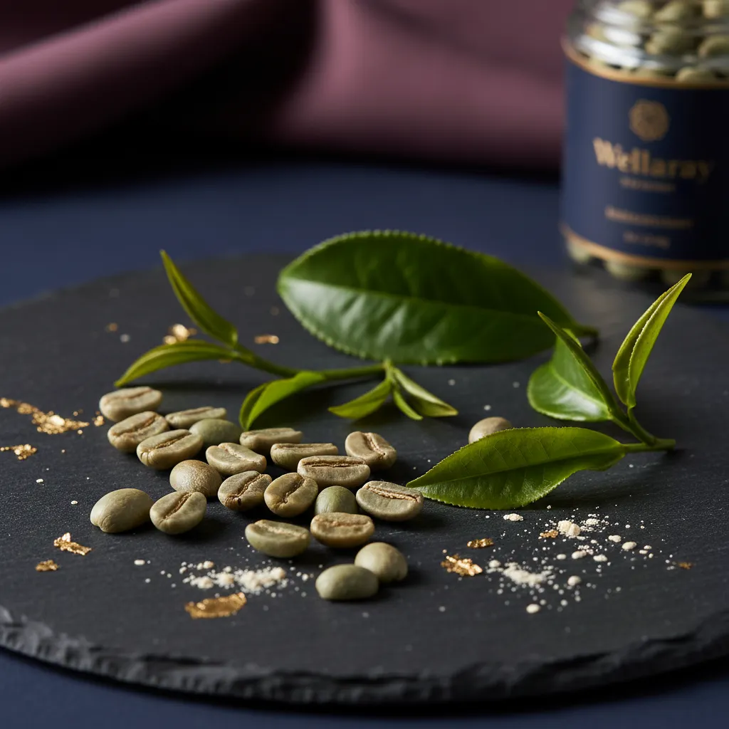 Green coffee beans and green tea leaves on dark slate - close-up editorial macro