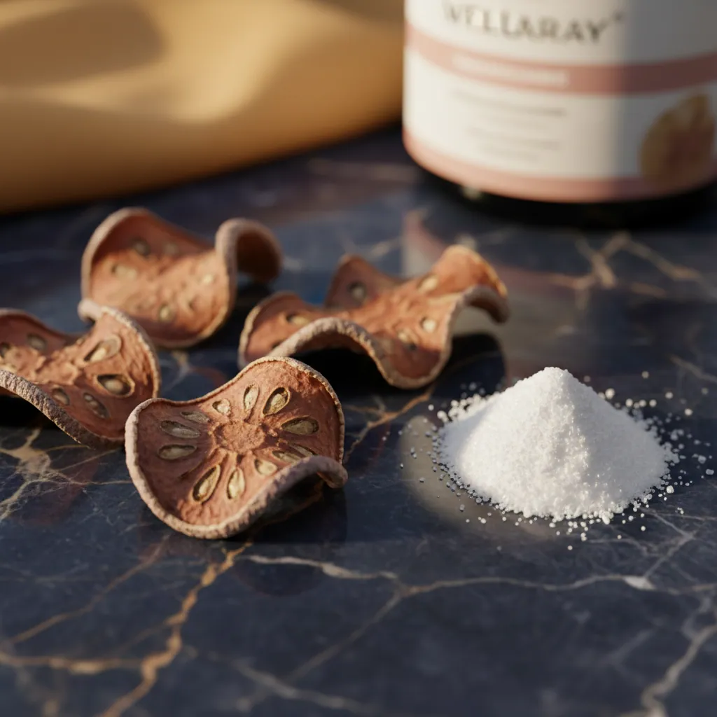 Garcinia cambogia fruit slices on marble surface - editorial food photography